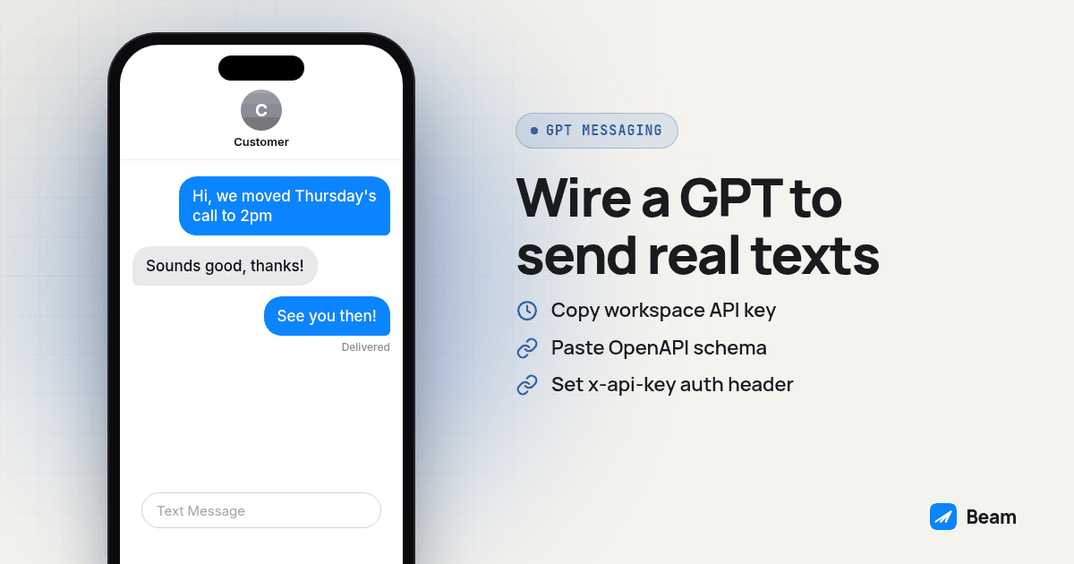 Phone message thread illustrating Wire a GPT to send real texts, starting with "Hi, we moved Thursday's call to 2pm"