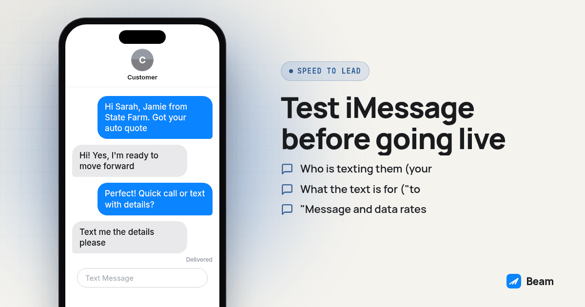Phone message thread illustrating Test iMessage before going live, starting with "Hi Sarah, Jamie from State Farm. Got your auto quote"