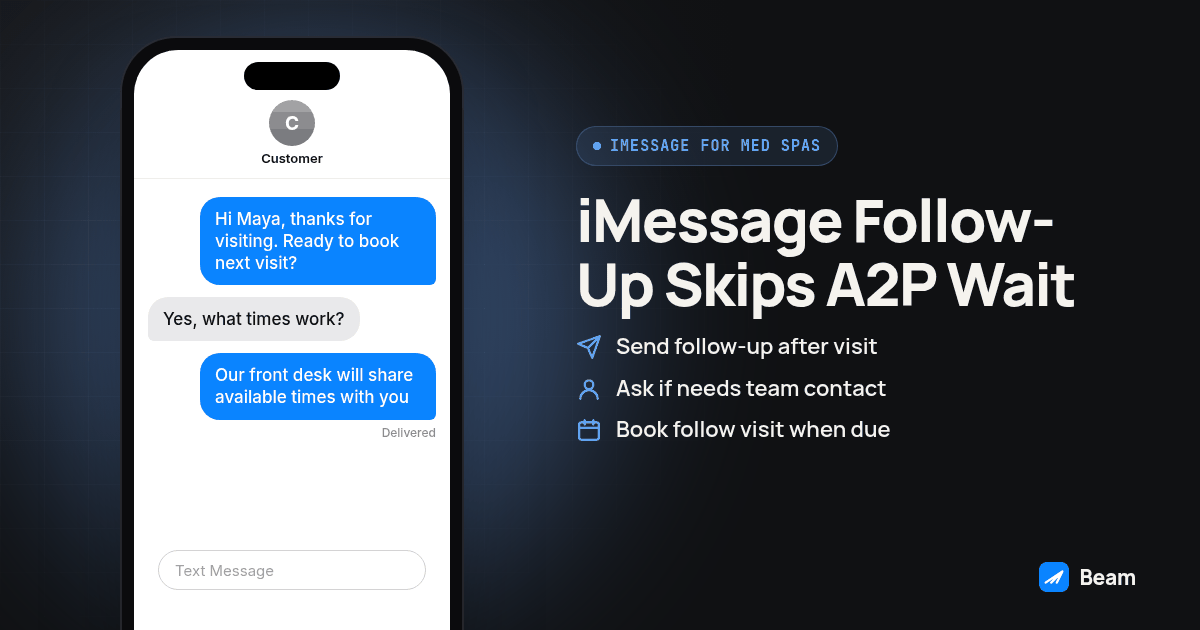 Phone message thread illustrating iMessage Follow-Up Skips A2P Wait, starting with "Hi Maya, thanks for visiting. Ready to book next visit?"