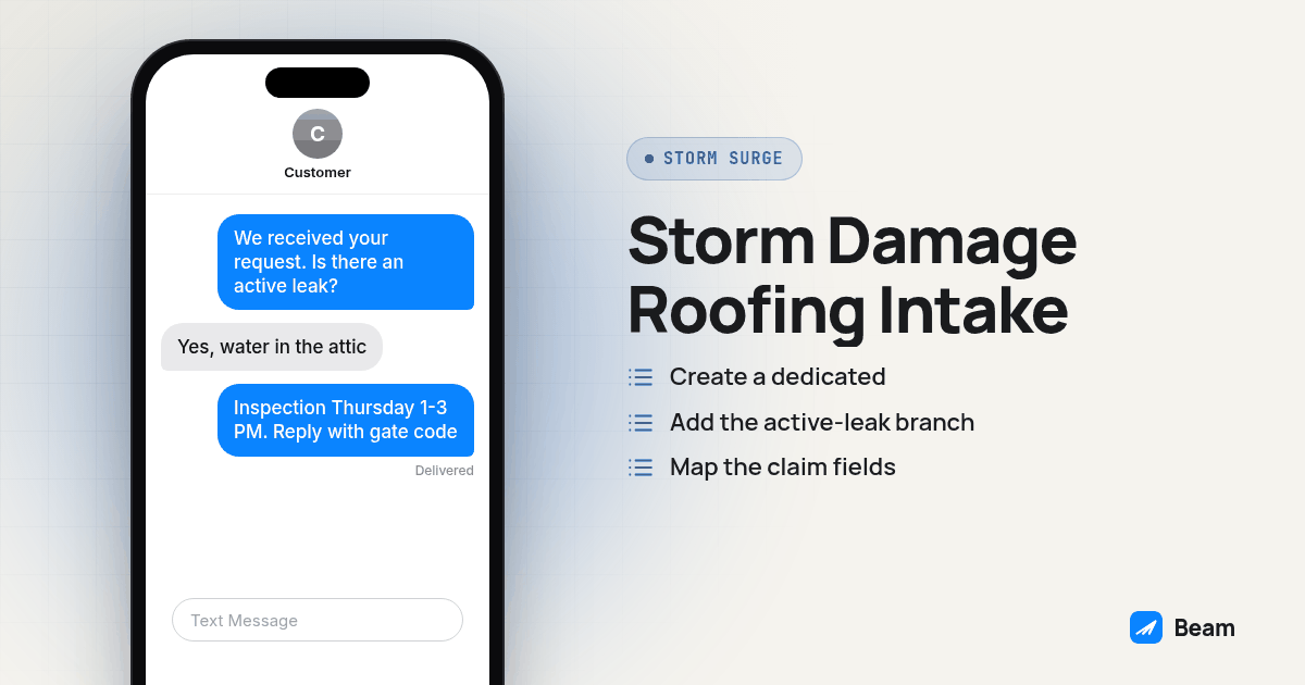 Phone message thread illustrating Storm Damage Roofing Intake, starting with "We received your request. Is there an active leak?"
