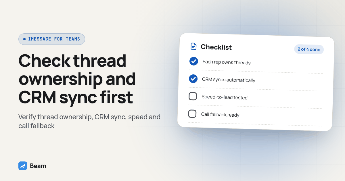 Checklist card for Check thread ownership and CRM sync first: Each rep owns threads, CRM syncs automatically, Speed-to-lead tested, Call fallback ready