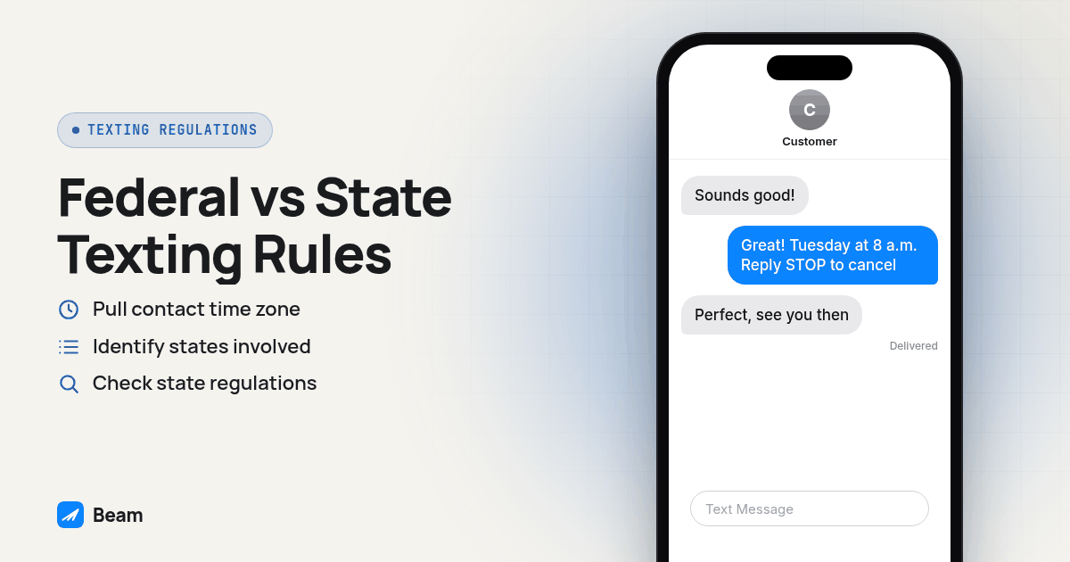 Phone message thread illustrating Federal vs State Texting Rules, starting with "Sounds good!"