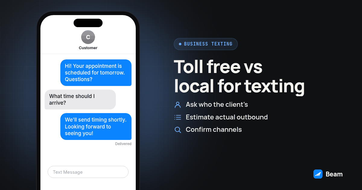 Phone message thread illustrating Toll free vs local for texting, starting with "Hi! Your appointment is scheduled for tomorrow. Questions?"