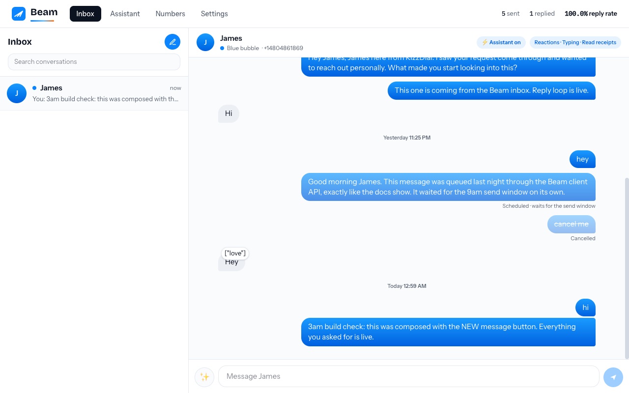 The Beam inbox: threads on the left, live conversation with grouped bubbles on the right