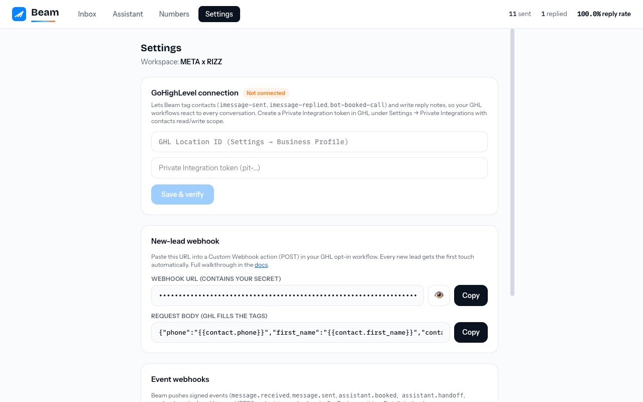 Beam Settings with masked contact and calendar connection fields