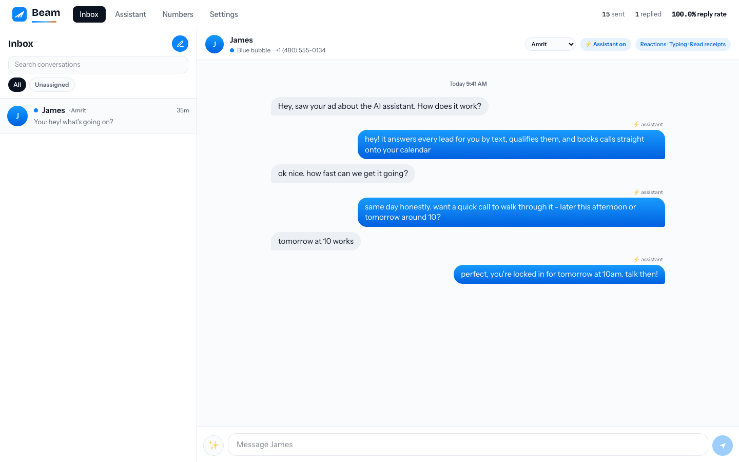 The inbox with team features: All and Unassigned views, the assignee dropdown on a conversation, and the owner's name on each thread