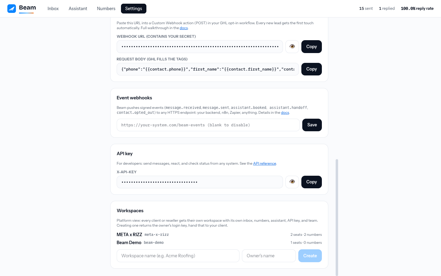 The Workspaces card: every client workspace with its seat and number counts, and one-line creation